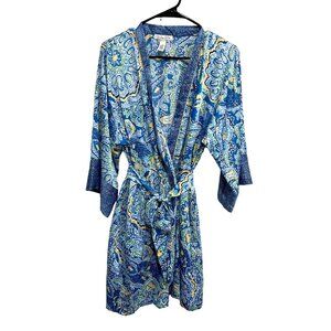 Oscar De La Renta Womens Paisley Print Kimono Robe L Blue/Green